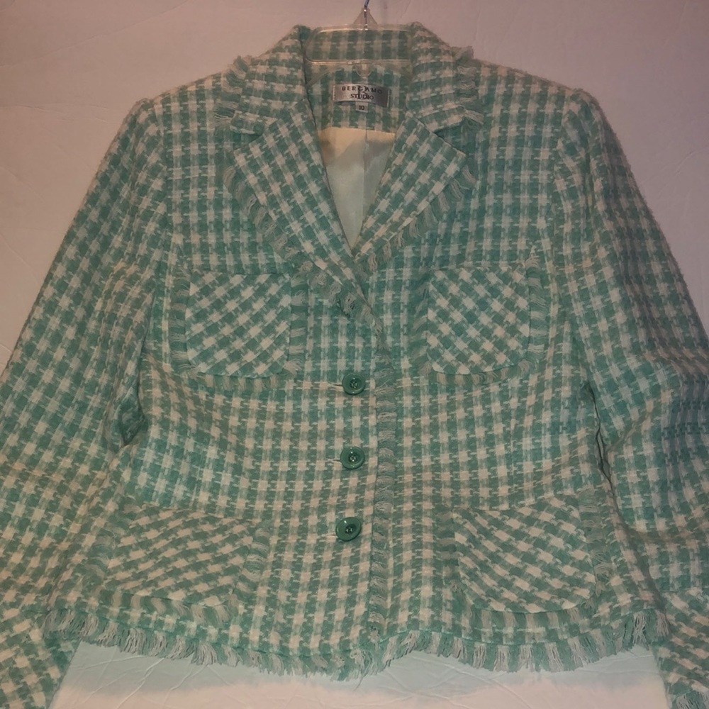 Women's Green and White Herringbone  Design Blazer/Jacket with Eyelash Trim